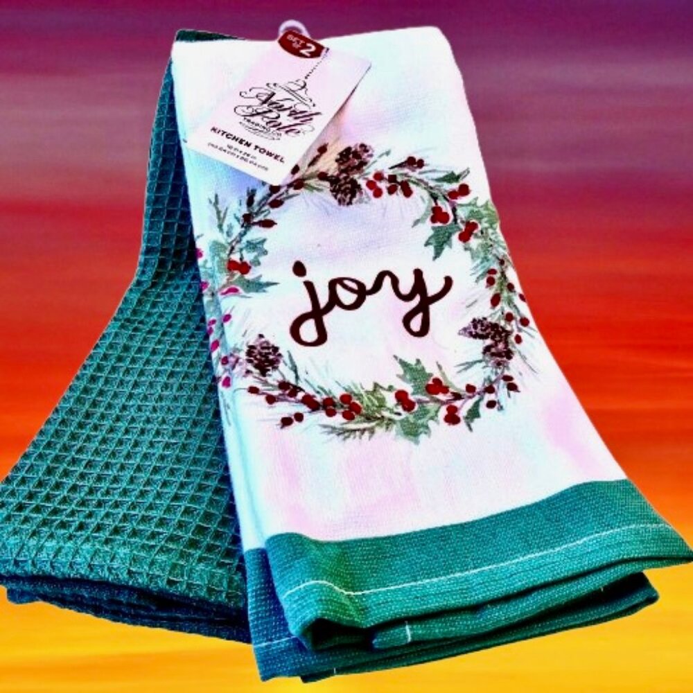 Christmas Cotton Kitchen Towel 2 Pack Green & White Holly JOY by North Pole NEW
